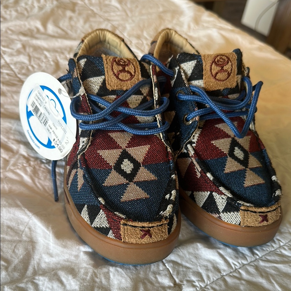 Twisted X Kids Moccasins - Blue, Red, Tan Geometric Design